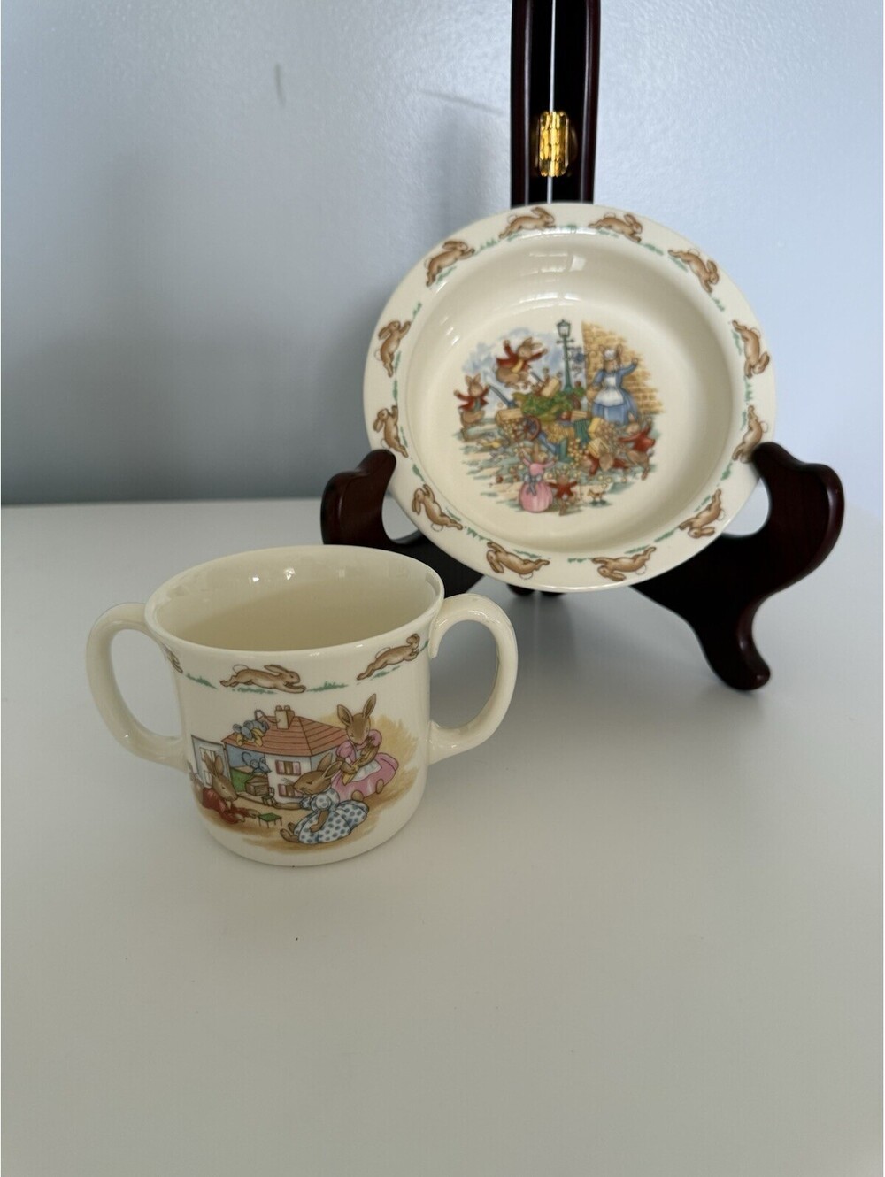 VTG ROYAL DOULTON BUNNYKINS DOUBLE HANDLED BABY CUP & FRUIT & VEG SCENE BOWL EUC